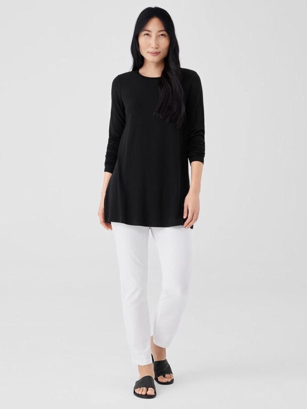 Eileen Fisher Black Stretch Jersey Knit Crew Neck Long Top XS